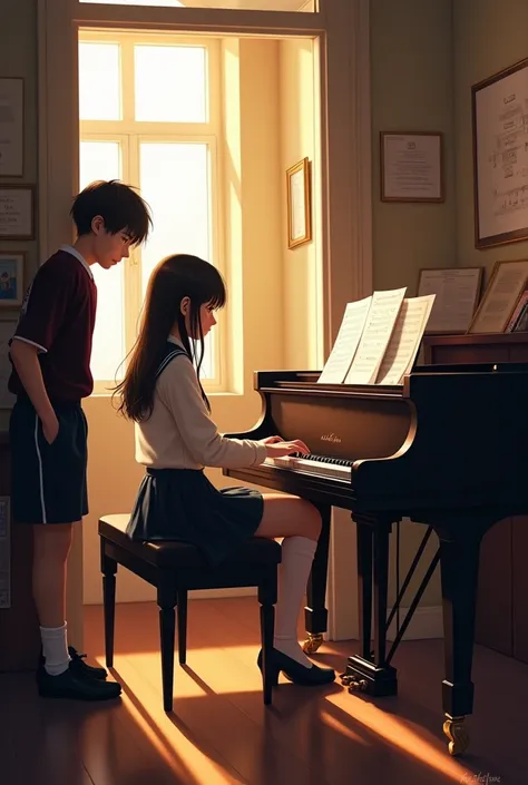  a female student in uniform playing the piano in the music room after school。A male student wearing a jersey is watching from the entrance 