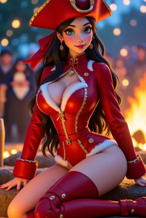 3D Disney Pixar Animation, A beautiful pirate girl, Christmas Babe, in a campfire, fur trimmed, wearing a red pirate jacket, sexy legs, she posing in a sexy way next to the fire that illuminates her beautiful light blue eyes  and her long sexy legs 