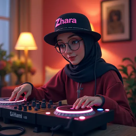 A woman in a hijab is playing a dj controller in home, wearing a hat that says "ZHARA", cute glasses