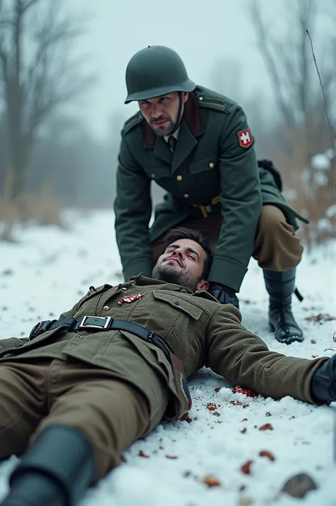 An american medic lying injured by german soldier in a snow ww2