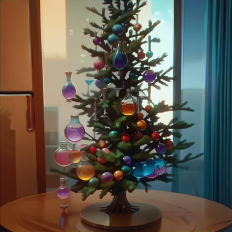 A Christmas tree decorated only with laboratory glassware filled with multicolored liquids, ((ultra quality)), anime enhancement, ((8k resolution, masterpiece, best quality)), ultra detailed, ultra sharp, perfect colors, perfectly shaded, perfect lighting