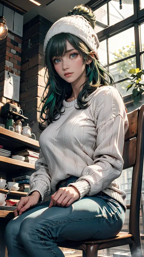  1 girl, Alone,  coffee shop ,  green hair, Beanie,  sweater , jeans,  sit on the chair ,  dynamic pose , indoor, 