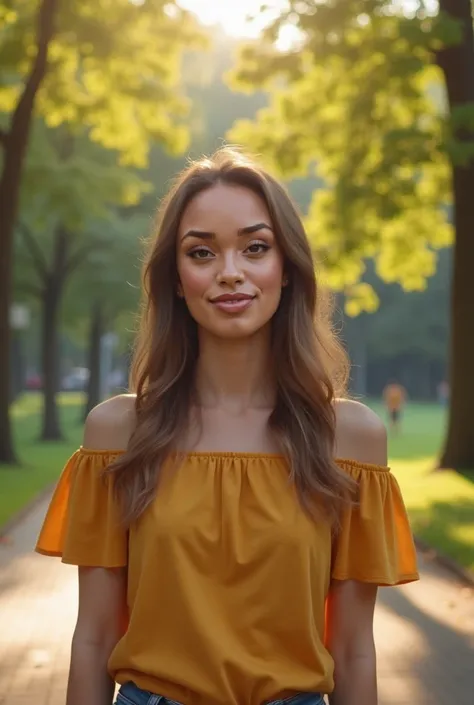 Realistic photo of a young woman taken with a smartphone, natural lighting, candid pose, medium shot, wearing casual clothes, background: a city park with trees and sunlight filtering through the leaves, realistic skin texture, natural makeup, slight smile...