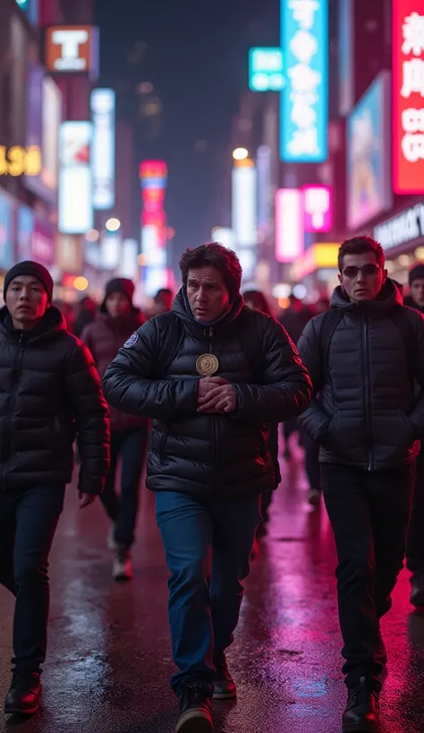 Hoarding in which Written "Bitcoin Target" , people walking on a street, focus on holding, letter first alphabet must be in capital , Neon Effect 