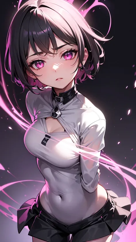  4K,  High-resolution ,  top quality,  artwork ,stem perfectly shaded, perfect lighting, anthropo ,  black short hair ,  pink eyes ,  the perfect female body,  perfect female figure ,  the white shirt ,  black shorts ,  detailed face,  perfect face, (Os st...