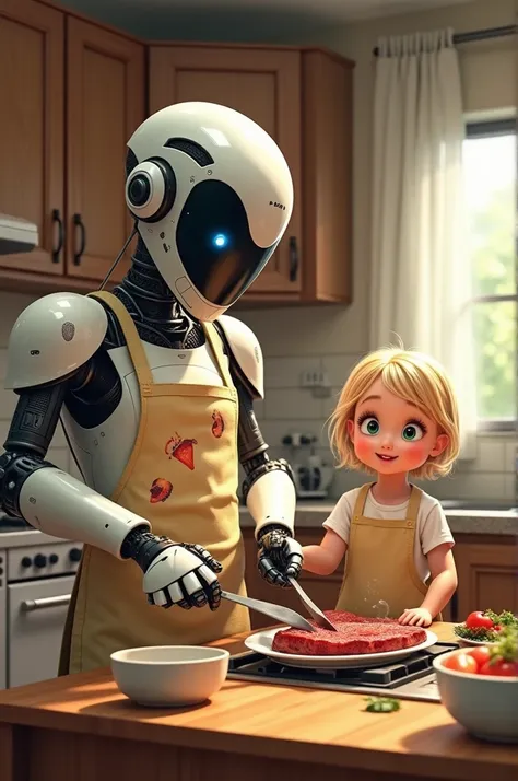 Create a work of absolute realism style: a cool and super sci-fi robot (modeling equipment is very sci-fi), he wears a cartoon patterned cooking apron, in the family kitchen scene cooking steak, next to a cute blonde small girl with envy, happy expression ...