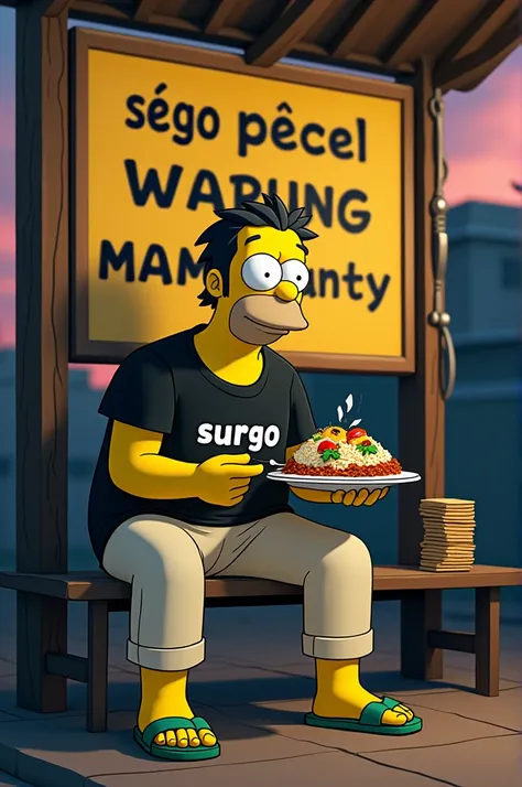 depict the simpson cartoon, 3D, ultra HD, reality, front view slanted to the right 30°, sadistic Javanese Asian man wearing a black t-shirt wearing cream pants wearing green flip-flops, (there is writing on the outfit "SURGO NE BADOGKAN"), focus sitting re...