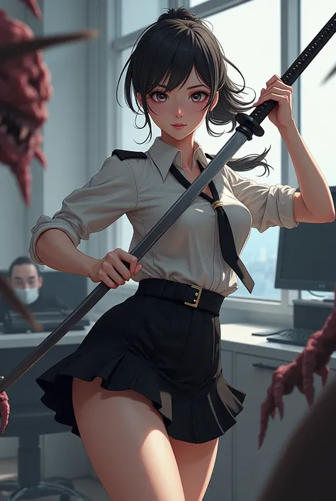 Carrying a katana, wearing office clothes, mini skirt, wearing a black and white office uniform, ponytail, in an office room, slashing monsters, high quality, medium chested,