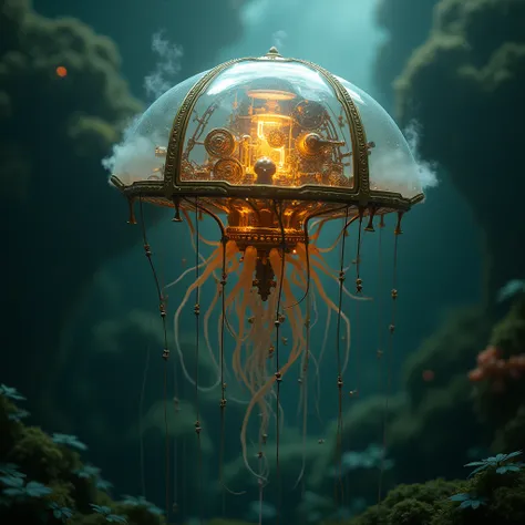 "A steampunk jellyfish powered by small gears and glowing steam, its body constructed from bronze and glass, floating through murky green waters."