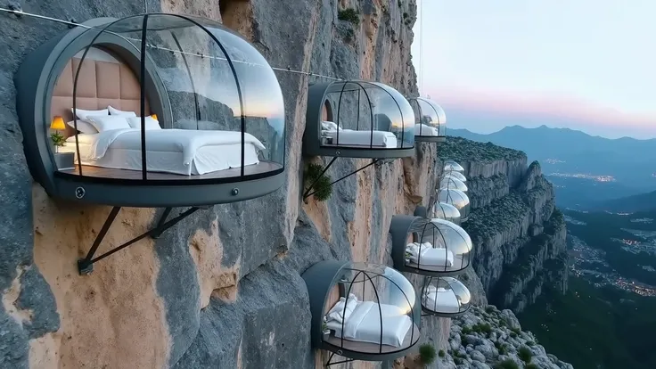 "A breathtaking view of futuristic glass bubble accommodations hanging from a cliffside. Each bubble features a cozy bedroom with modern furnishings, surrounded by stunning mountain scenery. The setting is illuminated by soft lights, creating a serene atmo...