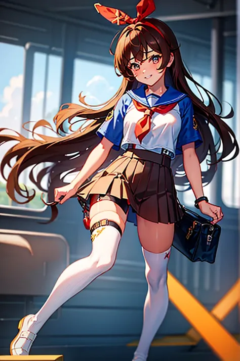 a solo boy,sexy boy ,trap,amber (genshin impact), brown eyes, brown hair, long hair, red hair ribbon,medium breast,wearing a japan short sleeve sailor high-school uniform , short blue skirt ,bike shorts, shorts under skirt, with black stockting, blue eye,e...