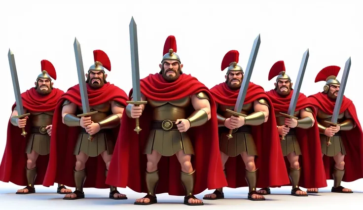 3d pixar animation style: Angry Roman soldiers in red cloaks, holding threatening swords. White background