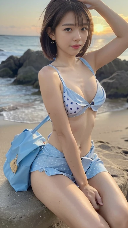 palm trees、 Lens Flare、Hawaiian Landscape、Photos that make you feel the midsummer、 bright 々and pouring sunlight、(Dot Pattern、Light blue polka dot bikini:1.4)、Bikini、On the beach in swimwear、 excited girl、The sky turns red、 wet white t-shirt and jeans 、(sma...