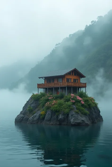 there is a wooden house with a balcony on a large rock in the middle of the sea with flowers in front of the house misty mountains, mist floats in the air,in early morning, mist from waterfall, floating mountains, mist and fog, overlooking a valley, misty ...