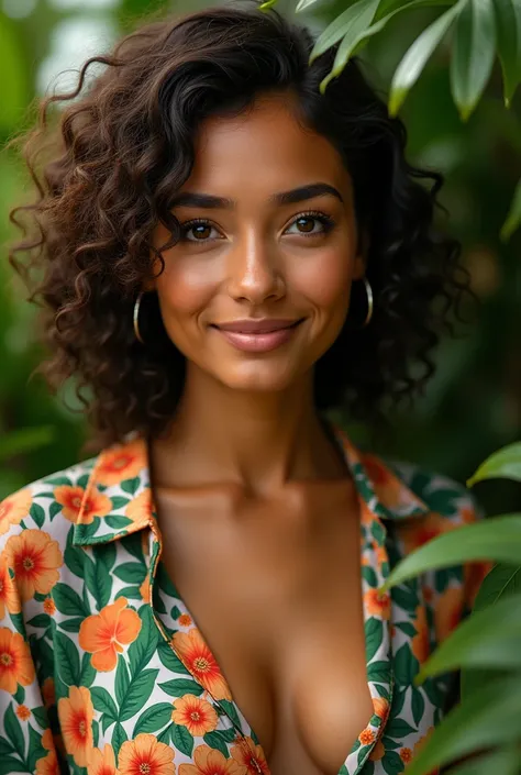  A Brazilian woman in a lush tropical garden,  wearing an open shirt with floral print ,  with a close up capturing the harmonious beauty between her breasts and natural flowers,  showing your natural charm and outgoing personality.