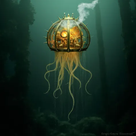 "A steampunk jellyfish powered by small gears and glowing steam, its body constructed from bronze and glass, floating through murky green waters."