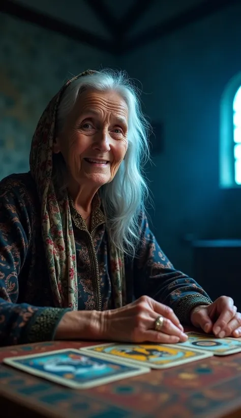 A cinematic photo of an elderly woman reading Tarot cards kept on a table., She looking to camera , she wear  beautiful handcraft  clothes and blue eyes . she wear handcraft scarf partially on hair , she looking to camera , the background is a fully dark  ...