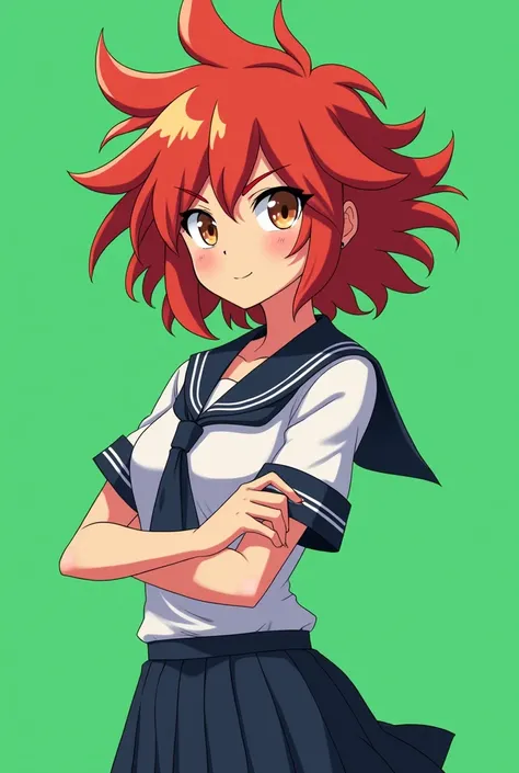 A girl with hot red medium short spikey hair, in school uniform with plain green background 