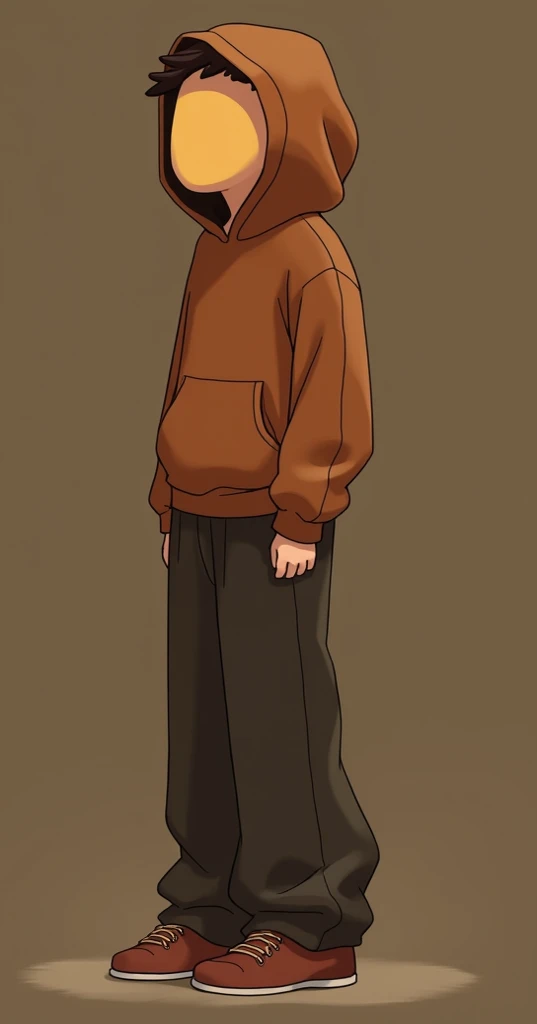 A stylized digital drawing of a figure, likely a young person of indeterminate ethnicity.  The figure is wearing a rust-colored hoodie with a hood pulled up, obscuring the face except for a simple, yellow emoticon face visible beneath the hood.  The figure...