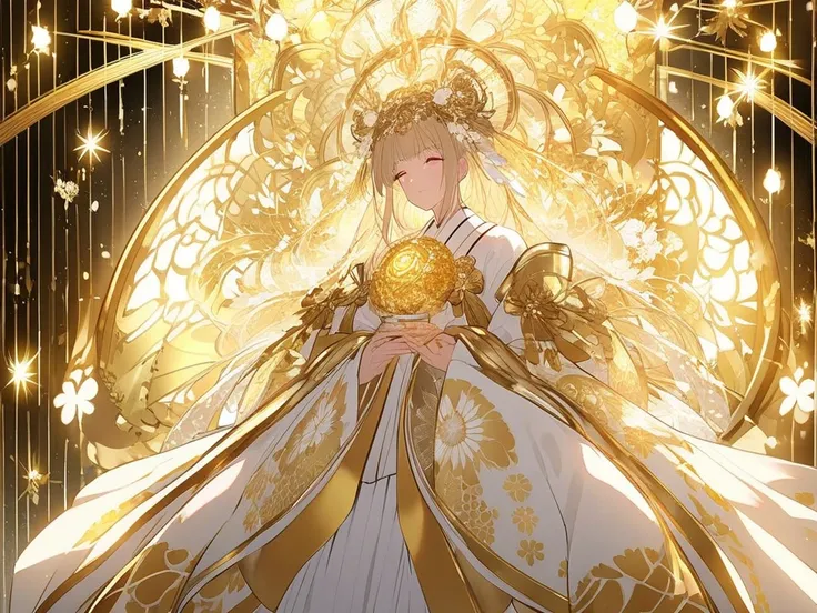 " of the Sun, Goddess of Love": In a sacred sanctuary bathed in sunlight, Depicting the figure of the sun goddess of love,  She faces forward and shines a sacred glow around her ,  focus on the face , Holding glowing orbs of light in both hands, Represents...