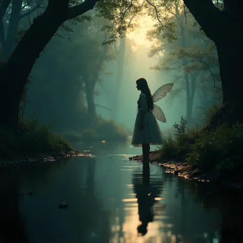 hyper-realistic,   Mysterious fairy tale picture in a forest full of mysteries  .   with lake water in the center flickering under the sun ， reflecting like a lake mirrored the shadow of a tree，But its too far away ， to distinguish its true form ， backgrou...