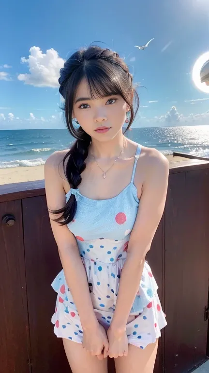 palm trees、 Lens Flare、Hawaiian Landscape、Photos that make you feel the midsummer、 bright 々and pouring sunlight、(Dot Pattern、Light blue polka dot bikini:1.4)、Bikini、On the beach in swimwear、 excited girl、The sky turns red、 wet white t-shirt and jeans 、(sma...