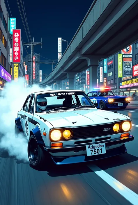 White Datsun 510    ,     tuning body kit    , дрифт в  spin  ,     maximum speed    ,  smoke from under the wheels    ,    driver wearing a white racing helmet Unsuccessful , Токио Nightю, neon showcases, Night,  overpass ,  a comic ,  a comicный рисунок ...