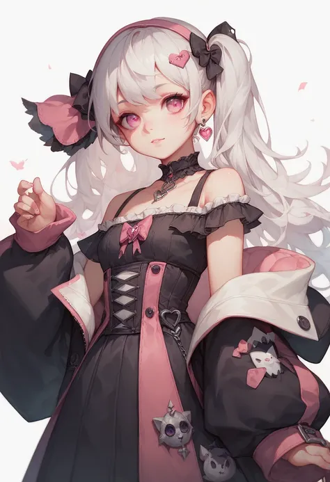  ultra detailed, cute girl,　Long white hair,　 pink eyes, 　Off-the-shoulder gothic ,side, white background ,whole body,standing