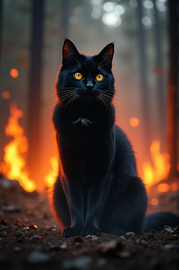 Create me a wallpaper that shows a black standing cat standing in front of a burning forest and looking deeply into the observers eyes 