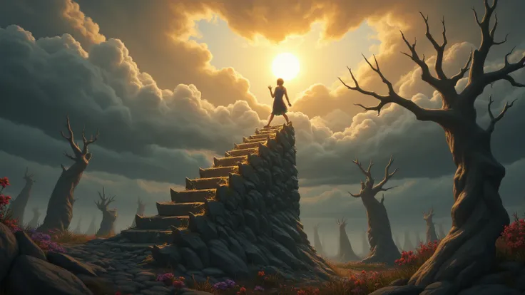 A surreal painting of a lone figure climbing a massive, jagged staircase made of broken chains and shattered glass, symbolizing the struggle of addiction. The staircase leads to a radiant, glowing horizon, where a warm, golden light breaks through stormy c...