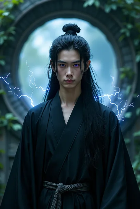  realistic photo of a handsome guy with long black hair with a hairstyle like in a drama,  his left eye is bright purple ,  his right eye is completely black , careful nose ,  dressed in black hanfu against the background of a green arch ,  in the center o...