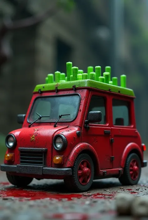 Small red car, but blood color, with green roof and instead of tires it has minecraft dirt block