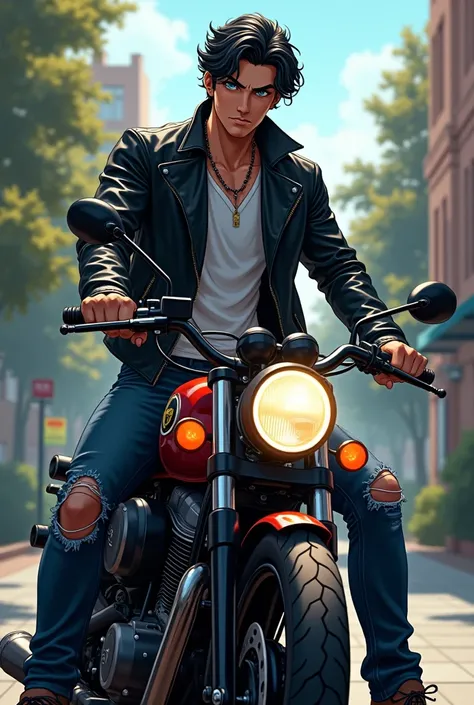  A 23-year-old Mafia member , sitting on the motorcycle, Inside the college campus .  He wears a leather jacket and dark jeans that are shaved around the knees,  he has an athletic size wavy black hair ,  pretty face,  Blue Eyes,  slightly tanned skin . Se...