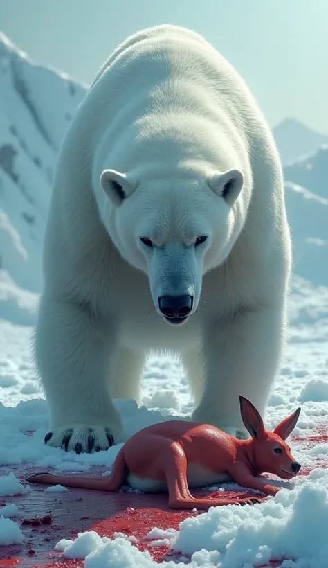 In the heart of a melting glacier, a polar bear looms over the lifeless body of a red kangaroo. The kangaroos muscular form lies broken and bloodied against the icy terrain, its powerful hind legs sprawled out in defeat. The polar bears piercing eyes gleam...