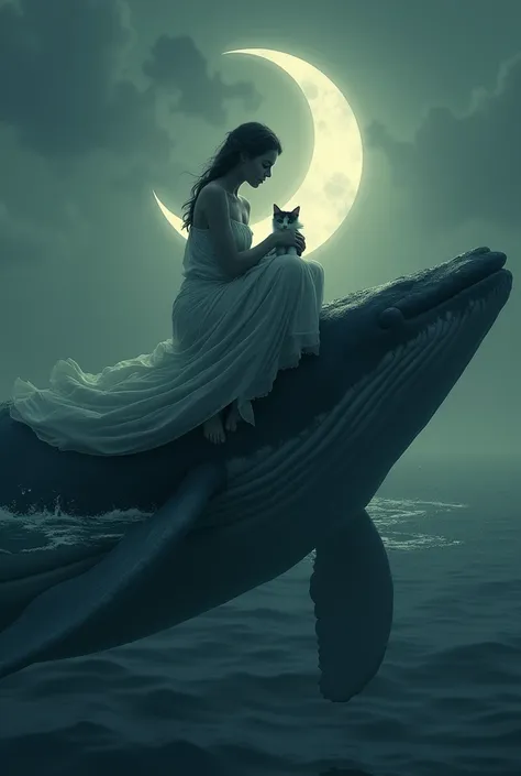 Woman carrying cat riding whale moon