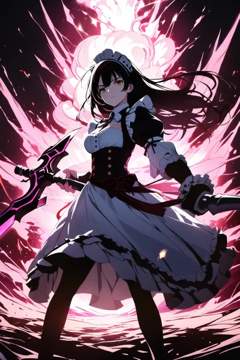 1 girl, (cute face), 18 years old, (long hair), (wearing battle maid outfit), (black and white color scheme), medium breasts, slim, (holding a weapon:1.2), (determined expression), BREAK  
Fantasy battlefield, dramatic sky, (explosions in the background), ...