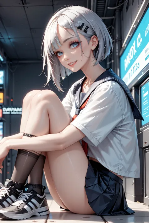   An 18 year old high school girl wears a summer sailor suit and a short black pleated skirt over silver high neck underwear。 and black tights on the legs 。 wears large metallic black sneakers   。Has a shiny black twin-tail hairstyle 。 Shes a gently smilin...