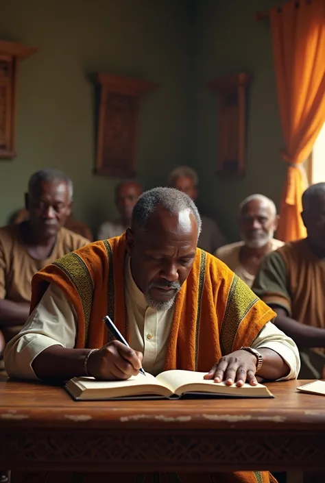 Ghanaian man back facing elders and writing a book on table 
