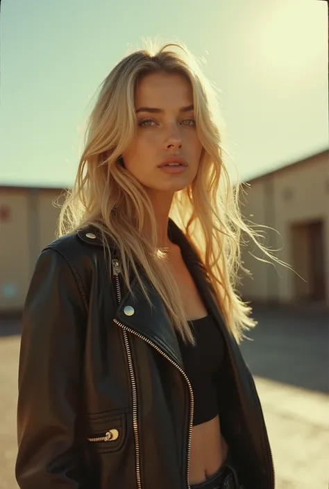 leather jacket, leather pants, black metal, heavy metal, eyes squinting, leaning forward, woman, cinematic lighting, sun, blond hair, attractive, Kodak portra 800, polaroid photo --ar 9:16