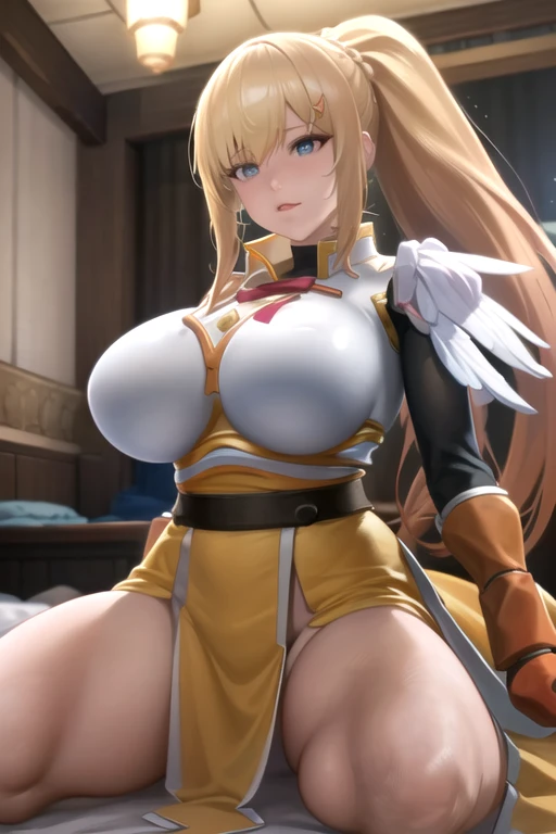 Darkness、KonoSuba、Blonde、High ponytail、gigantic breasts、aroused,see-through,best quality,