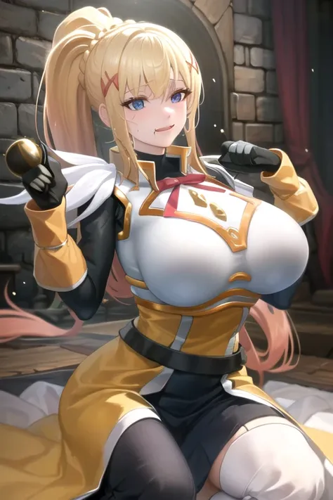 Darkness、KonoSuba、Blonde、High ponytail、gigantic breasts、aroused,see-through,best quality,