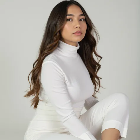 a brunette girl wearing a white turtleneck and pants