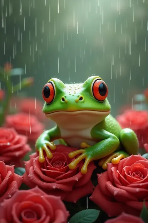 Cute green frog gemoy smiling is on top of red roses, heavy rain atmosphere 