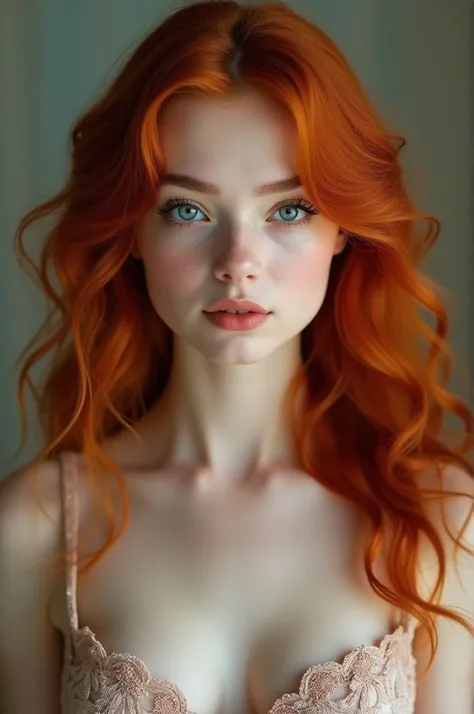 A girl of mixed French and Asian descent, ginger hair wavy and long and blue eyes due to blindness, double eyelids with long, curved eyelashes, elegant eyebrows, V shape face, white skin, 170cm tall, slim figure, her vibe is vintage, big breasts