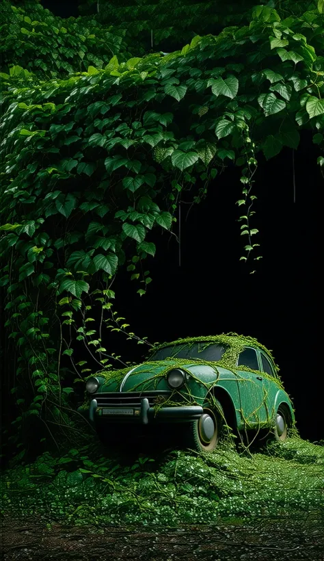  In the pitch-black darkness of night ,  large-leaved vines surrounded by thick green leaves and plants in tropical rainforests,  an old toy type car ,  the car is wrapped in vines and rises from the ground to the sky ,  car macro , photoreal 