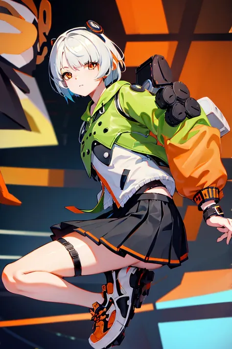 a cute solo boy ,trap,anby demara, (orange eyes:1.5), short hair, white hair,small breast,wearing a japan short sleeve sailor high-school uniform , short blue skirt ,bike shorts, shorts under skirt, with black stockting, blue eye,eye makeup, red face,embla...