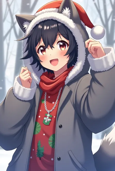   Male anime character with fluffy black hair wearing gray wolf clothing,  long fluffy gray wolf tail  , gray wolf hood  , cheerful faces and rosy cheeks Christmas themed clothing with necklace 