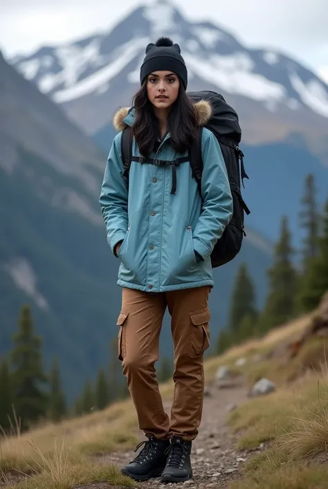   Real human photo, Fika is a 25 years woman with shoulder length  wavy  black hair and fair skin. She has well-defined eyebrows, large black eyes,  . Wearing plain light blue jacket, brown cargo pant, black beannie, black mountain shoes,  and carrying bla...