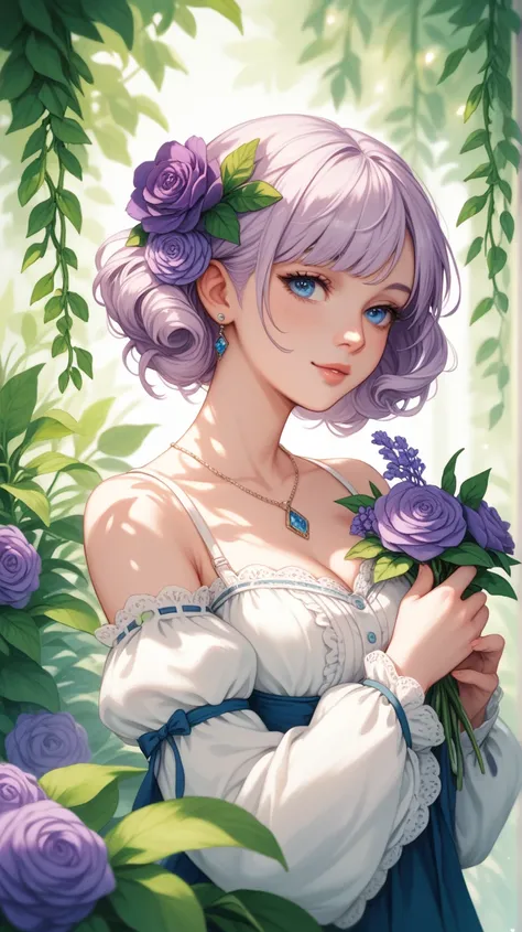 Image is a digital illustration featuring an anime-style character. The character is a young woman with long, flowing lavender hair adorned with a small floral accessory on the left side, consisting of pink and purple flowers with green leaves. Her skin is...