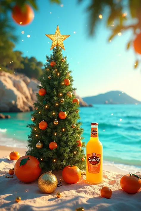 Image of la corsica orange juice with new year tree, sea and corsica logo